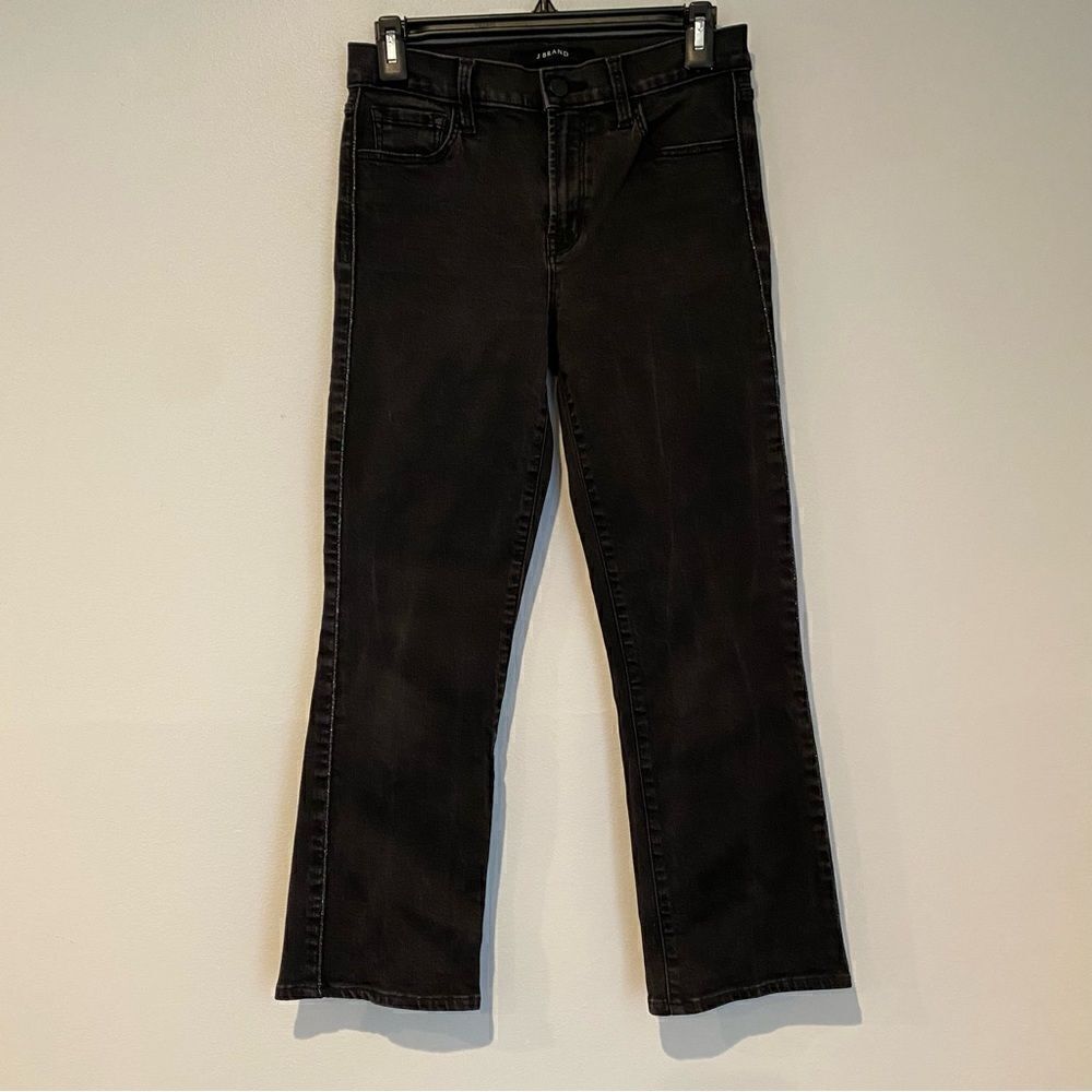 J Brand Black Straight Leg Medium Rise Pant Metallic Silver Tuxedo Piped Jean